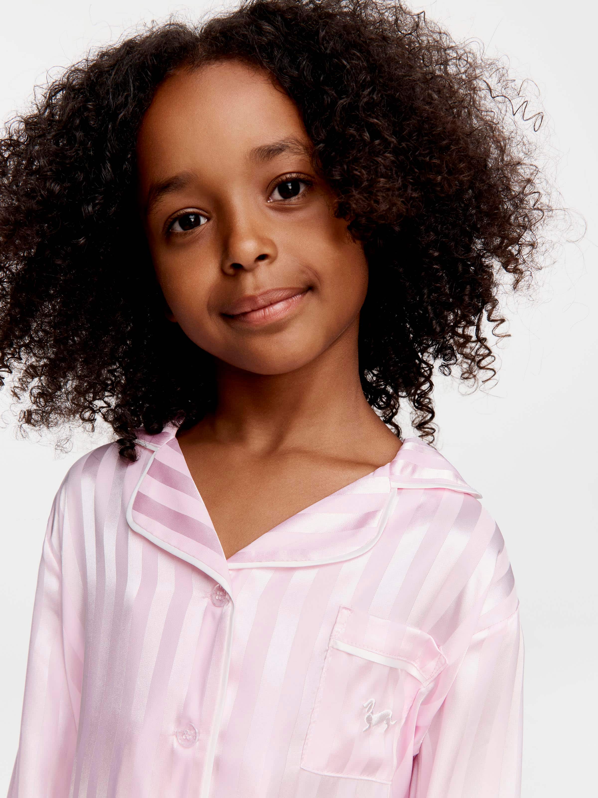 Girls Pink Stripe Satin Classic Long Pj Set