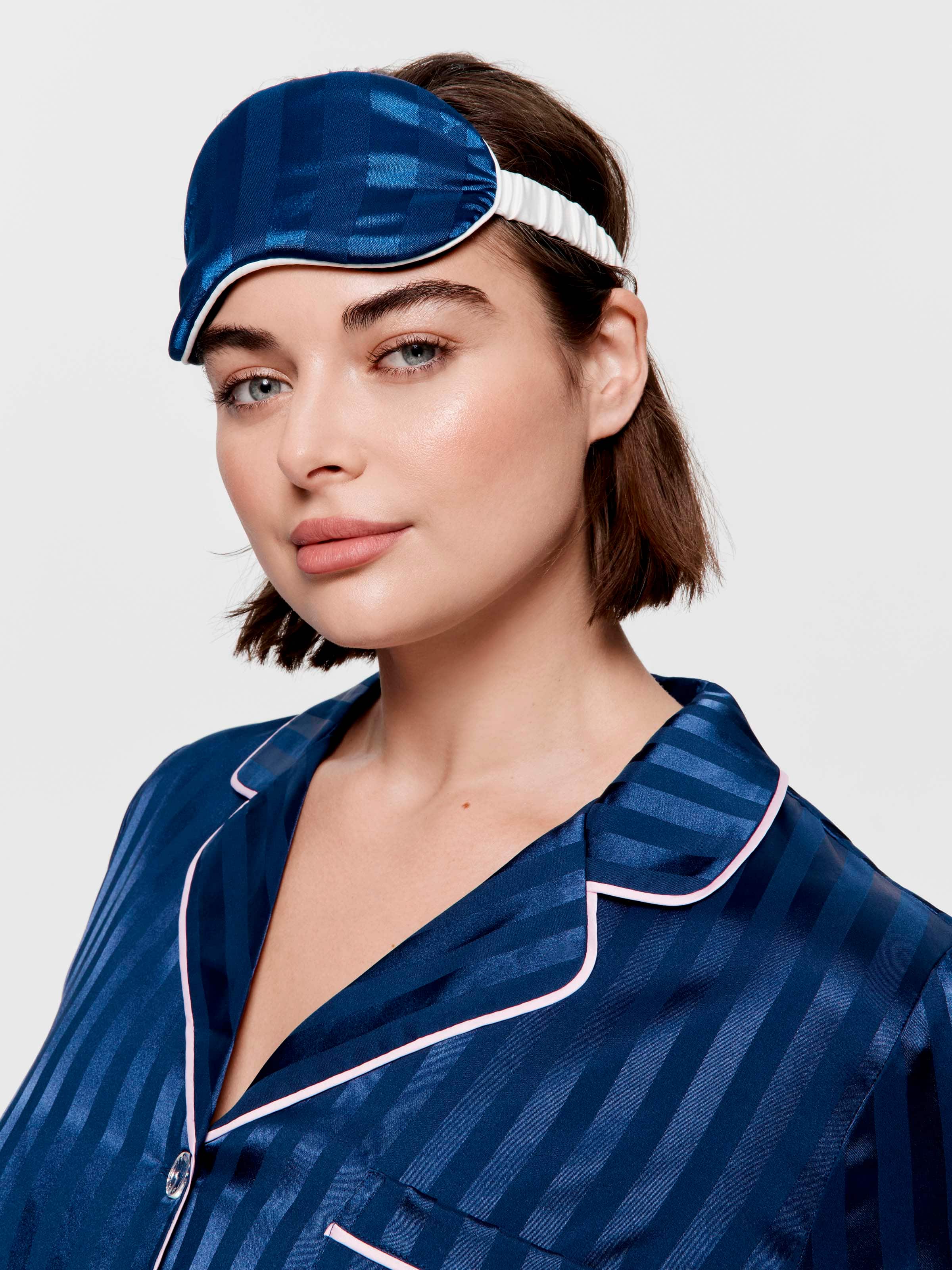 Navy Self Stripe Satin Eye Mask