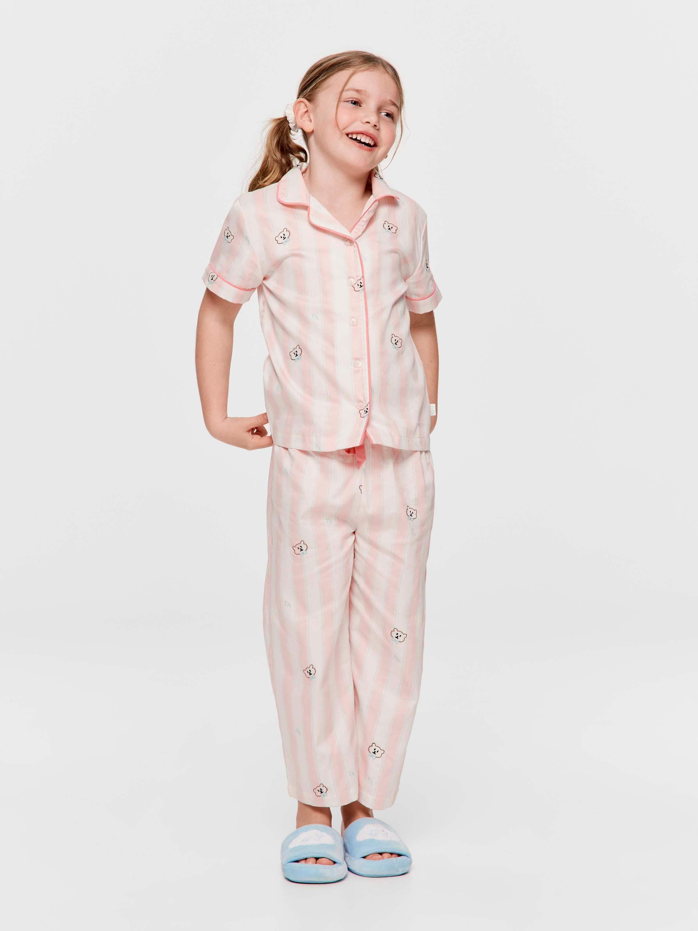 Jnr Girls 100% Cotton Bear Stripes Classic Pj Set