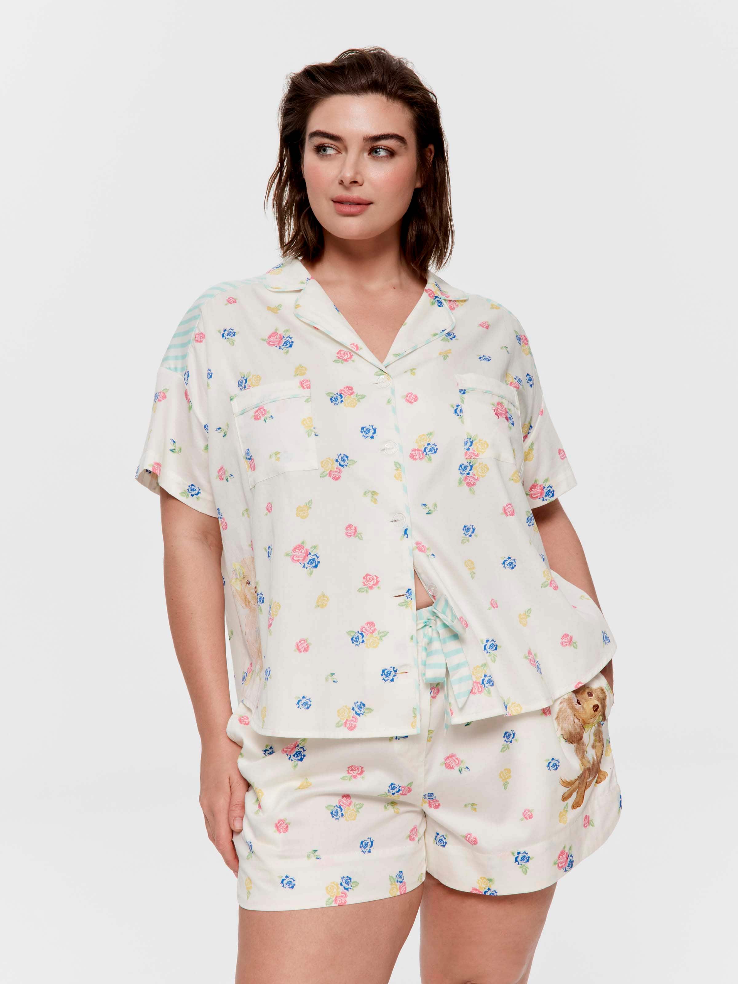 P.A. Plus Vintage Floral Puppy 100% Cotton Short Sleeve Shirt